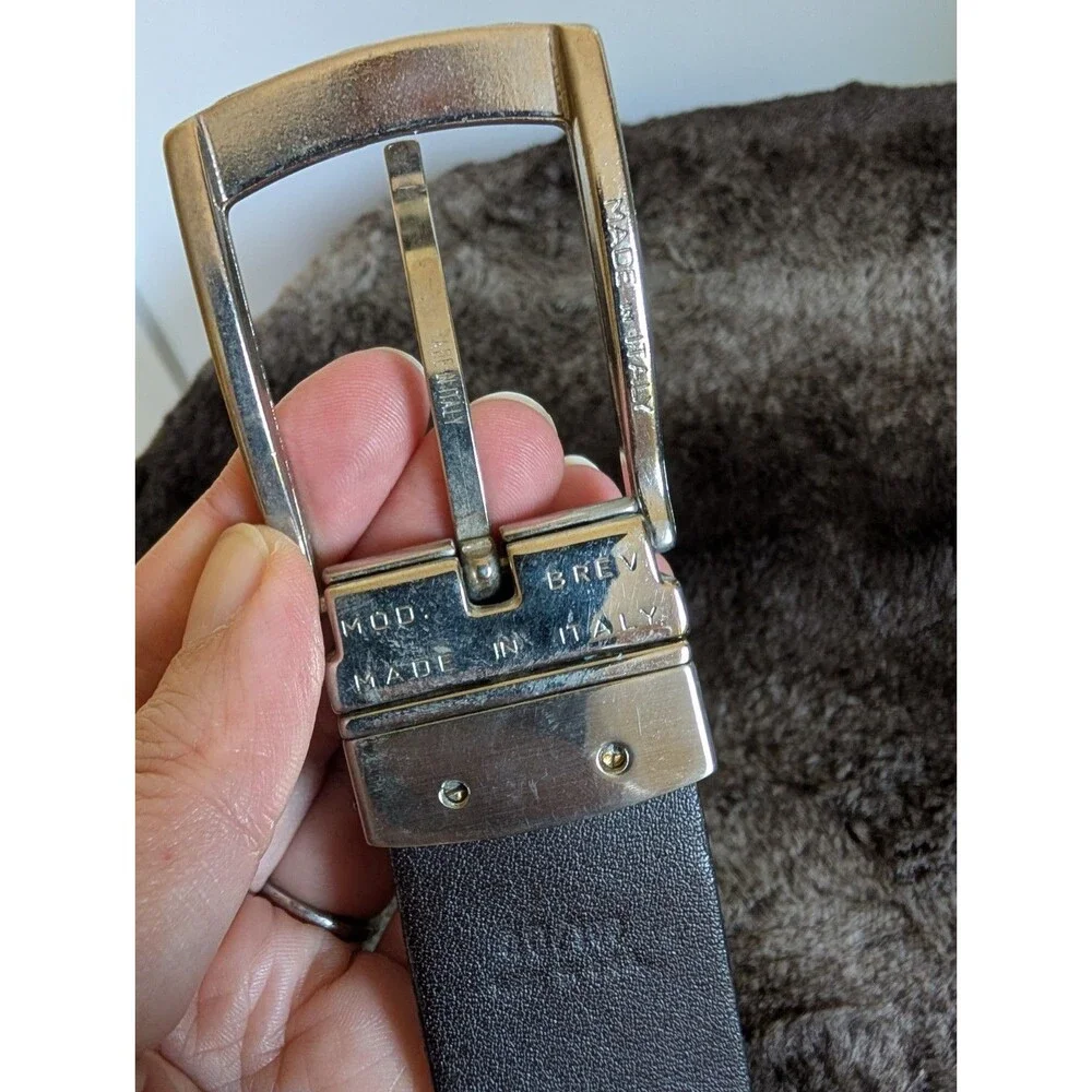 Geoffrey Beene Leather Belt Men's 40 Black Silver Office Business Made in Italy